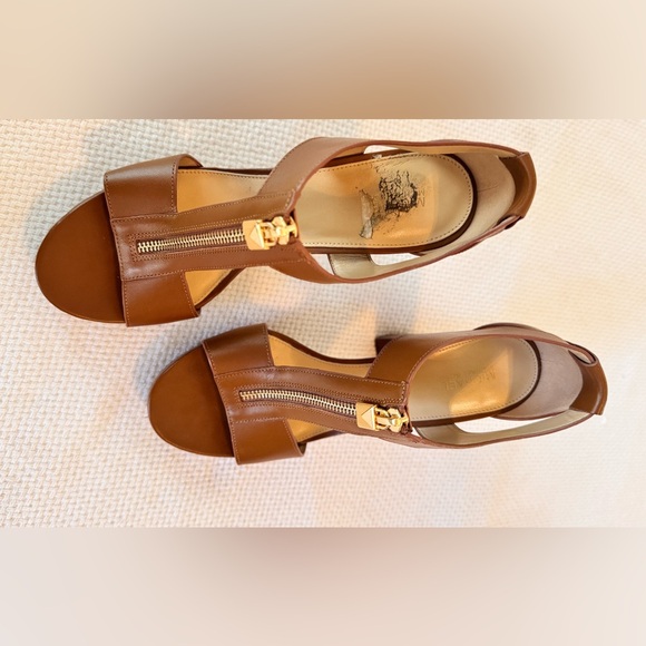 MICHAEL KORS Berkley Tan Leather Block Heel Sandals Platform Heels Shoes - Picture 7 of 15